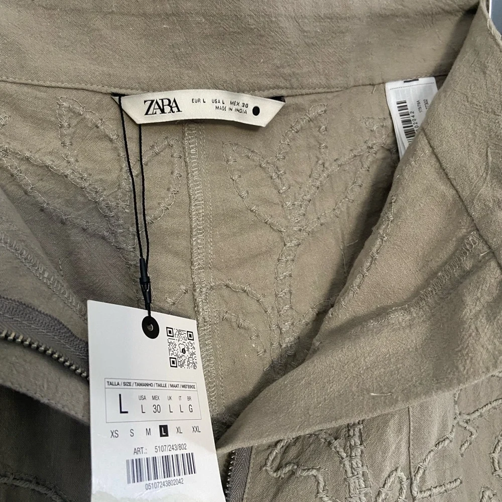 Embroidered Light Gray Linen-Blend Wide Leg Pants